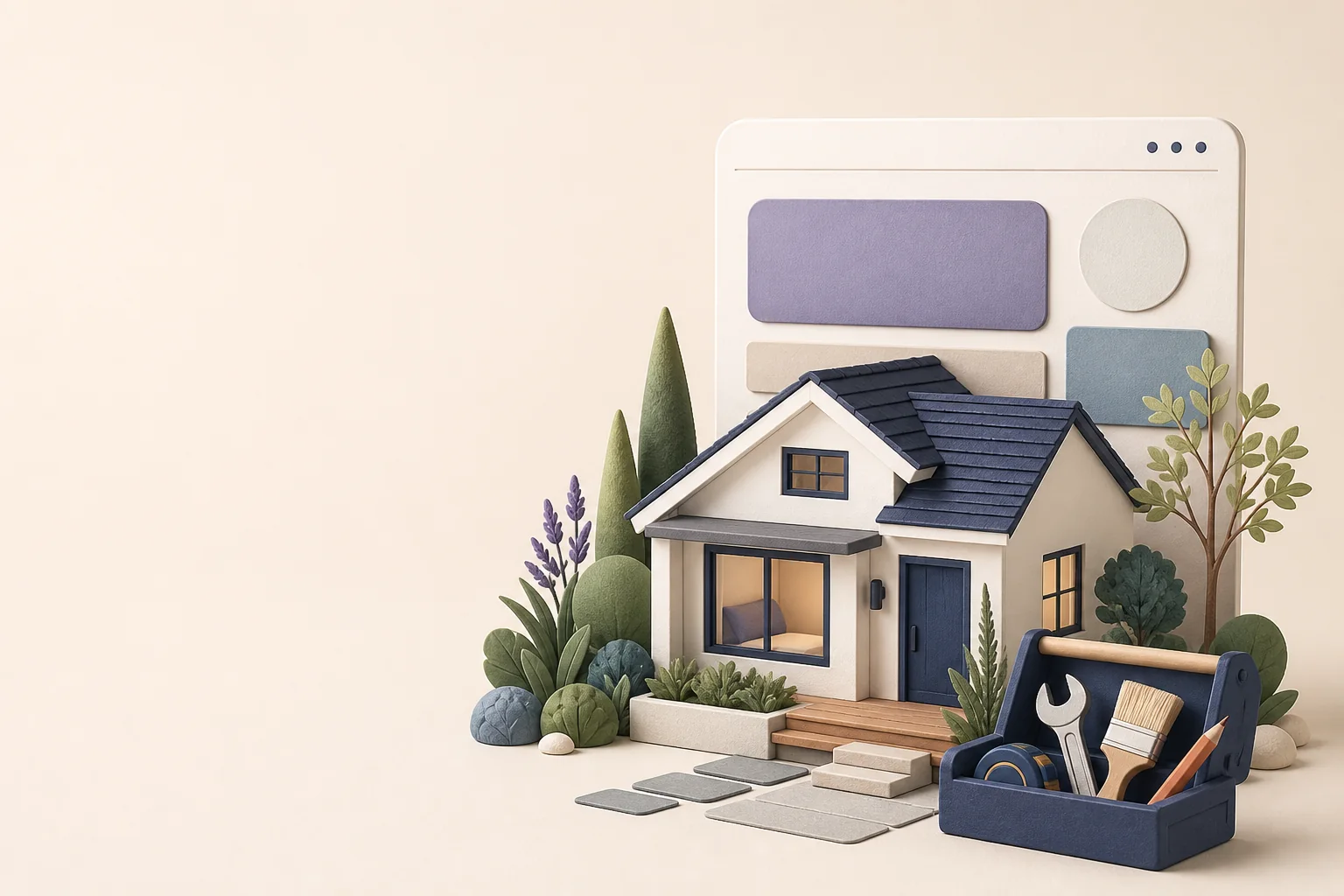 A small house model, website card, landscaping, and home-service tools illustrating SEO for building code consultants